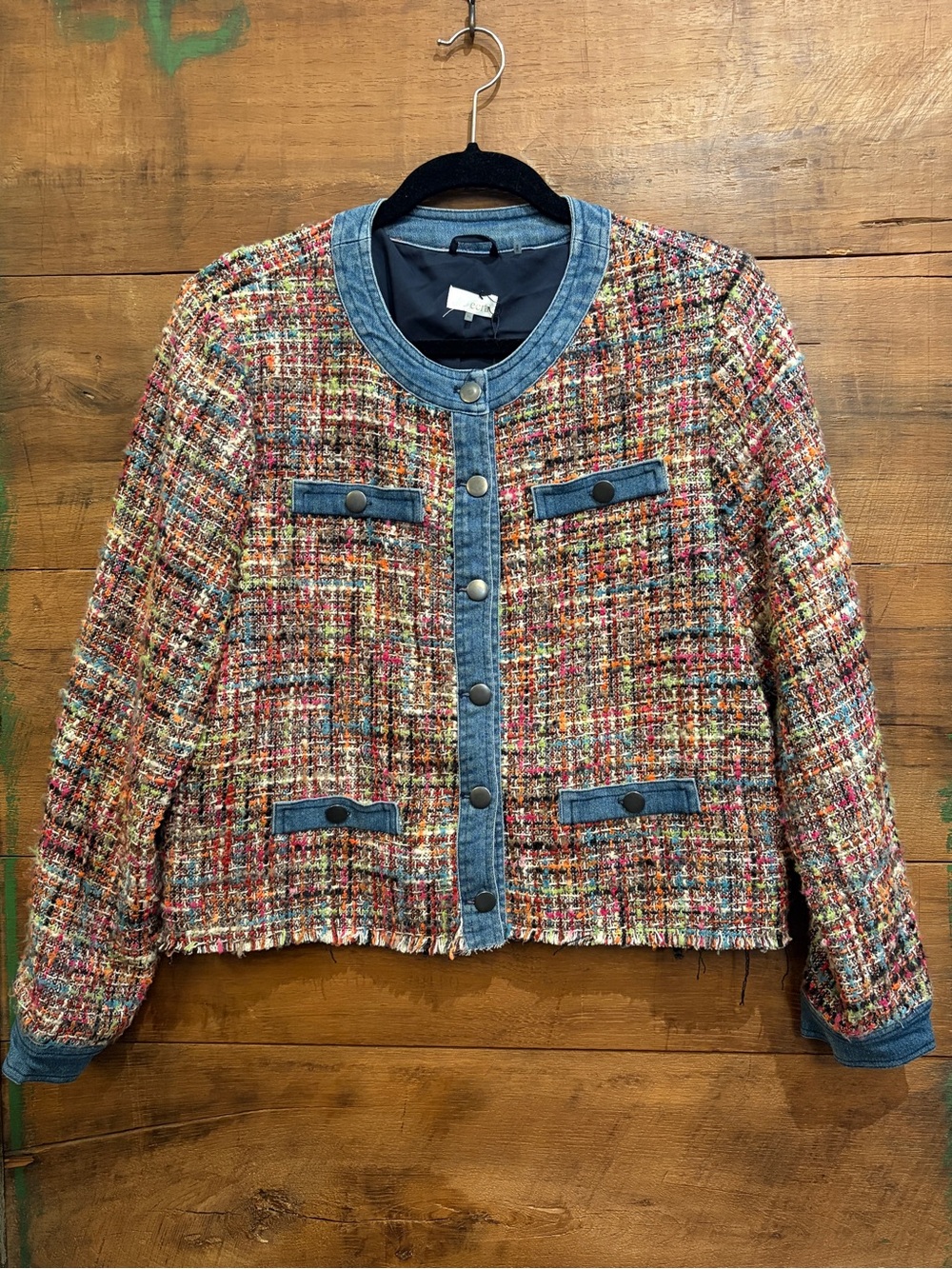 ecru Multicolor Tweed Jacket with Denim Trim